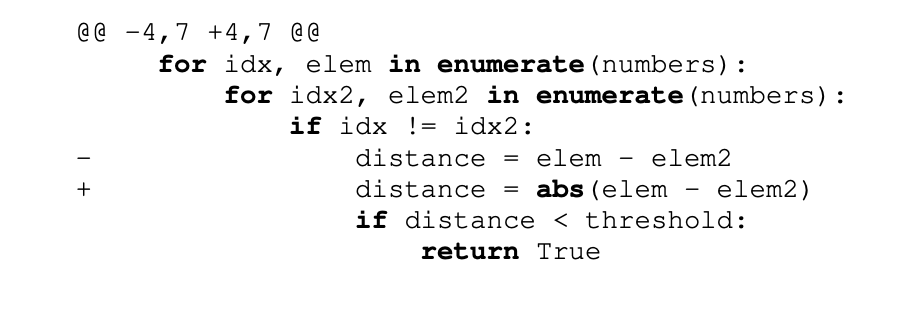 An example of Unified diff format from OctoPack: Instruction Tuning Code Large Language Models. Muennighoff et al. 2023