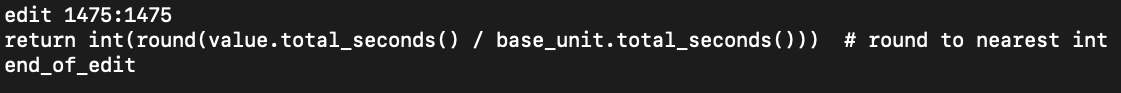 Sample edit command from SWE-AGENT, the line 1475 in the code file is replaced with the code in the command